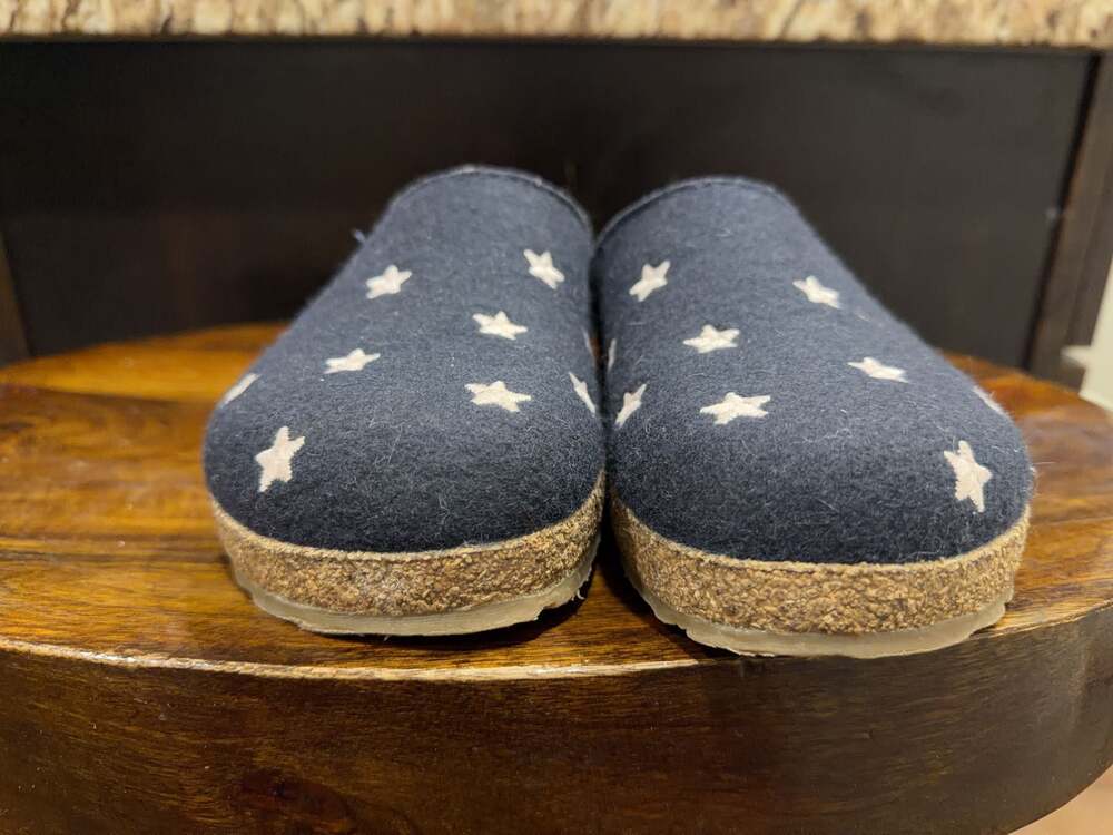 Haflinger Wool Clog Slippers Navy Blue Star Pattern Size 36